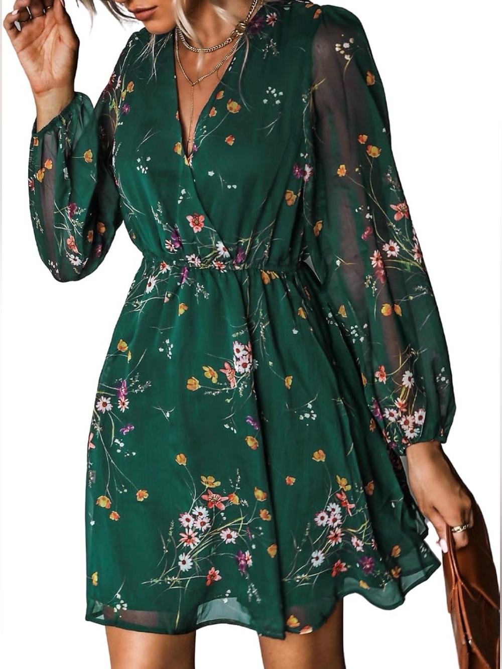 NWT Cupshe Emerald Green Floral V-Neck Mini Long Sleeve Autumn Dress - Medium